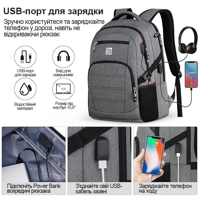 USB-порт для зарядки в рюкзаку Bruno Cavalli BC-18504