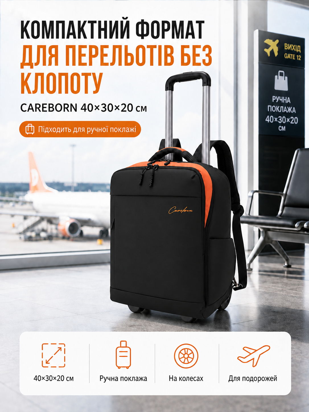 Дорожній рюкзак CAREBORN 40x30x20 готовий до подорожі лоукостером