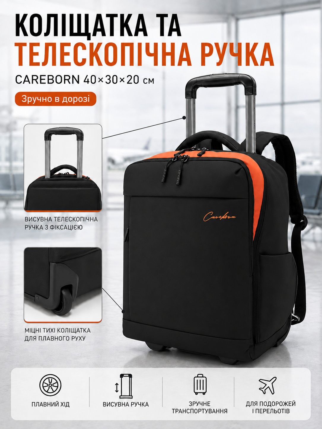 Коліщатка та висувна телескопічна ручка рюкзака CAREBORN