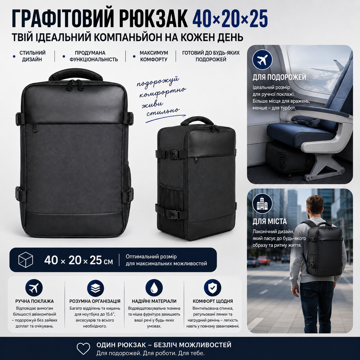Графітовий рюкзак 40x20x25 як ручна поклажа та міський рюкзак
