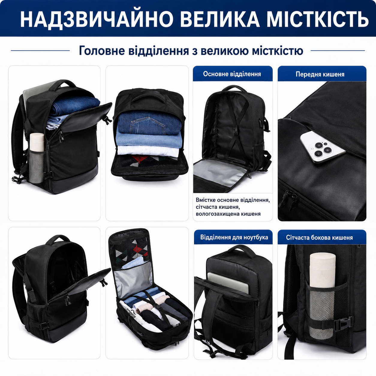 Внутрішні відділення та кишені графітового рюкзака для ручної поклажі