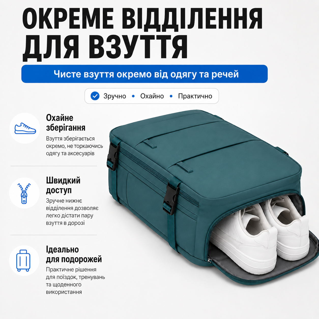 Вентильоване відділення для взуття в зеленому рюкзаку