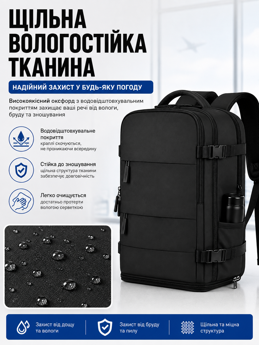 Щільна вологостійка тканина чорного рюкзака 40x20x25