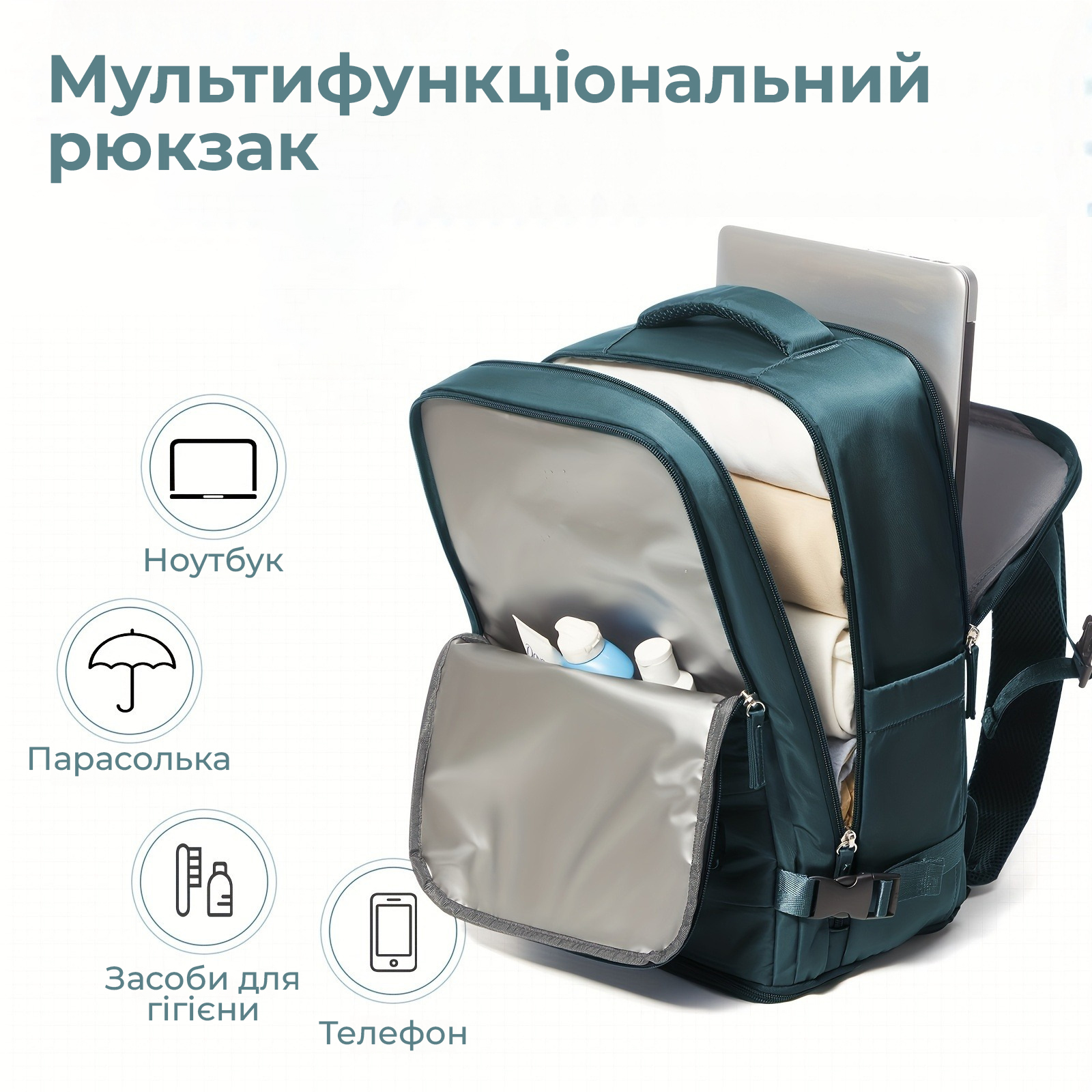 Внутрішні відділення рюкзака 40x30x20 - для ноутбука, взуття, одягу та аксесуарів