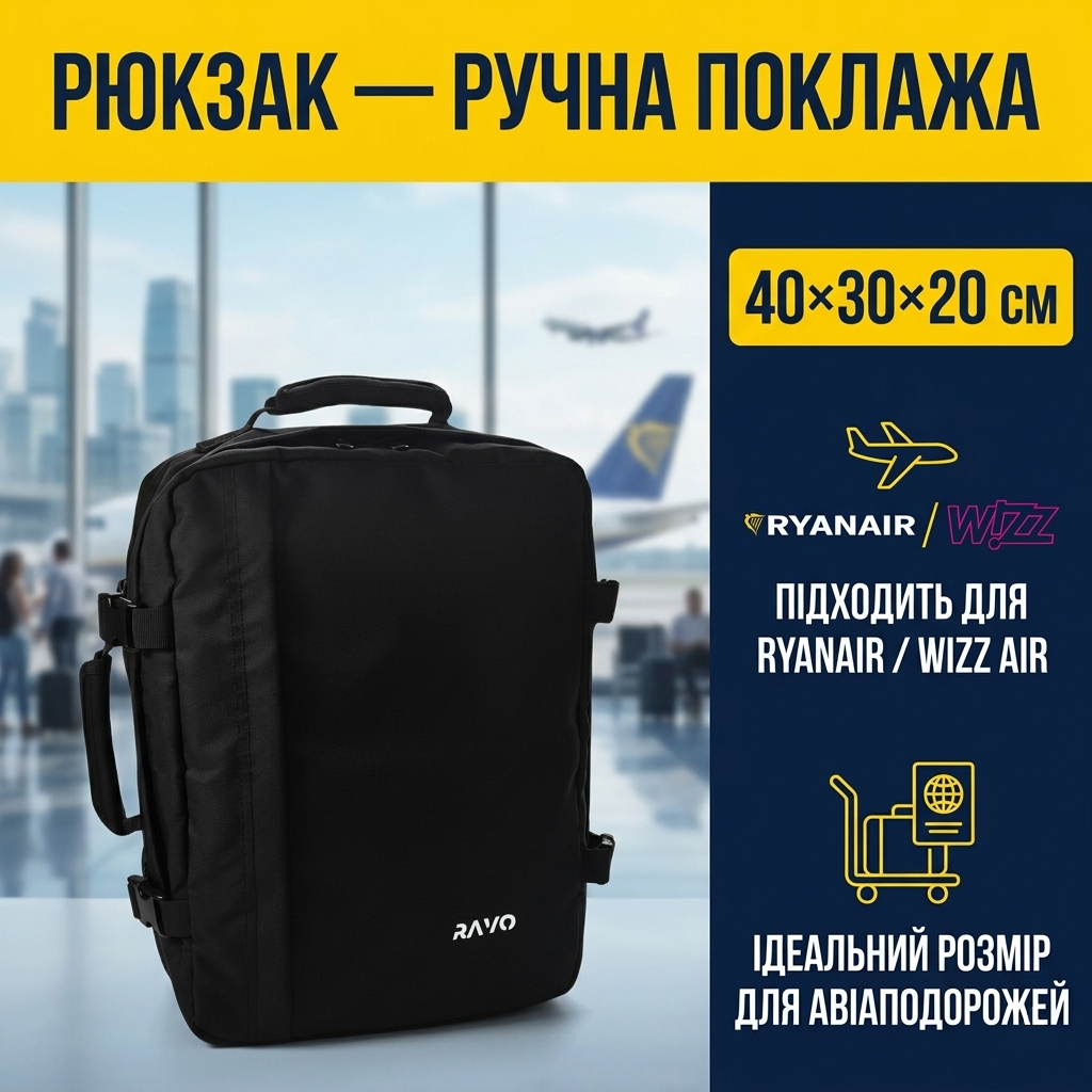 Рюкзак RAVO Cabin Pro 40 чорний — дорожній рюкзак ручна поклажа 40x30x20 Ryanair Wizz Air