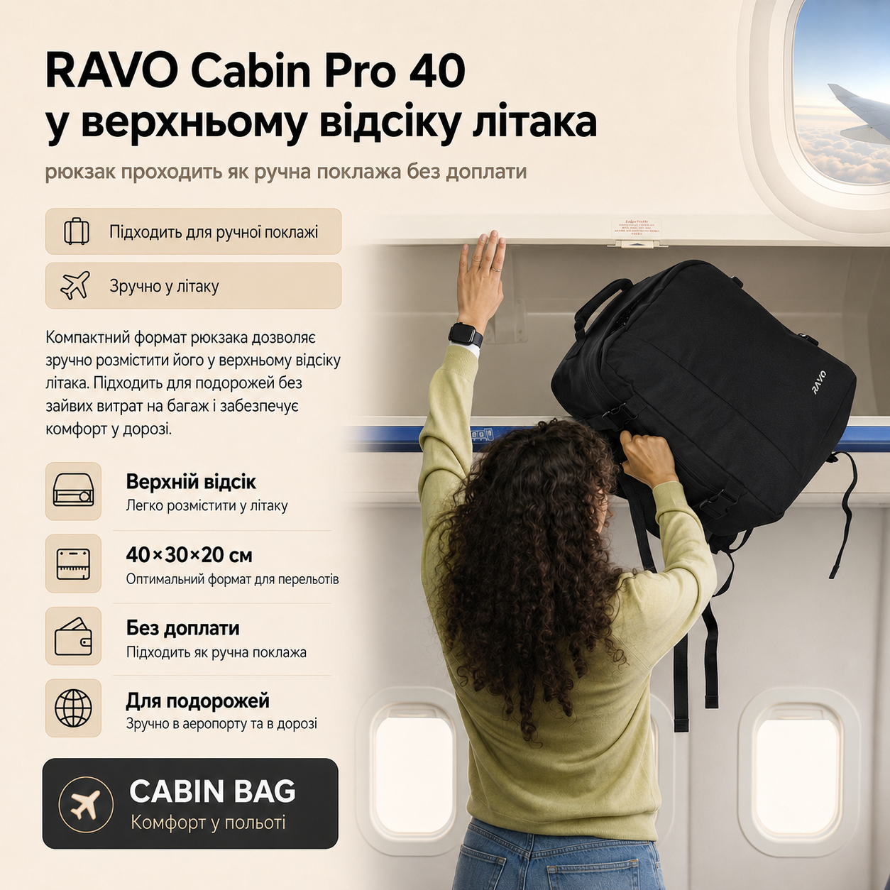 RAVO Cabin Pro 40 у верхньому відсіку літака — рюкзак проходить як ручна поклажа без доплати