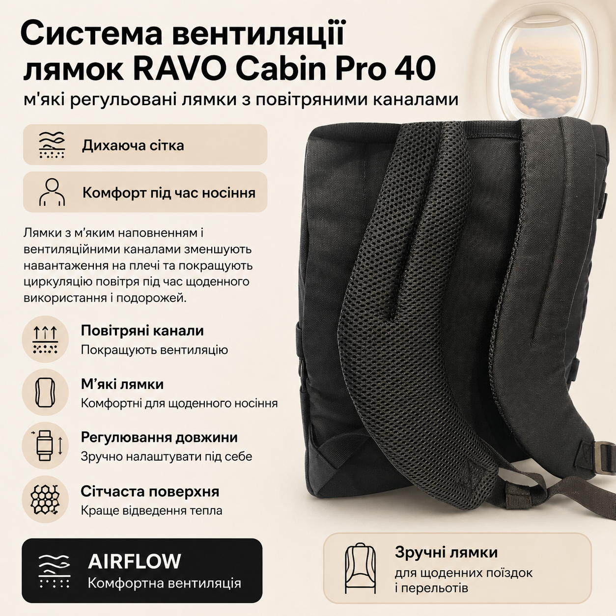 Система вентиляції лямок RAVO Cabin Pro 40 — м'які регульовані лямки з повітряними каналами