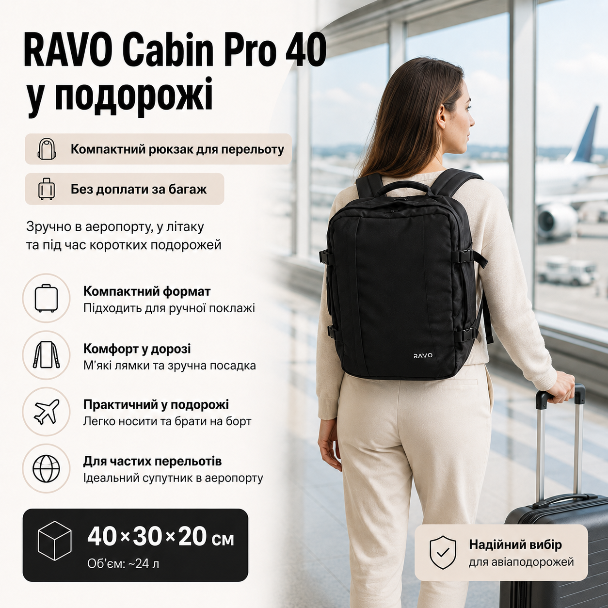 RAVO Cabin Pro 40 у подорожі — компактний рюкзак для перельоту без доплати за багаж