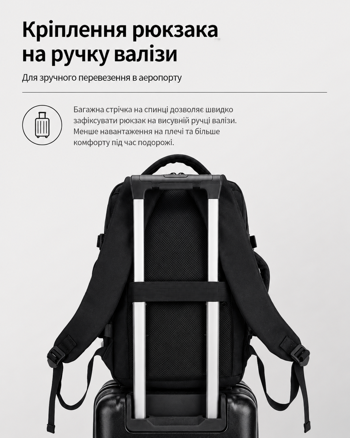 Кріплення рюкзака на ручку валізи для зручного перевезення в аеропорту