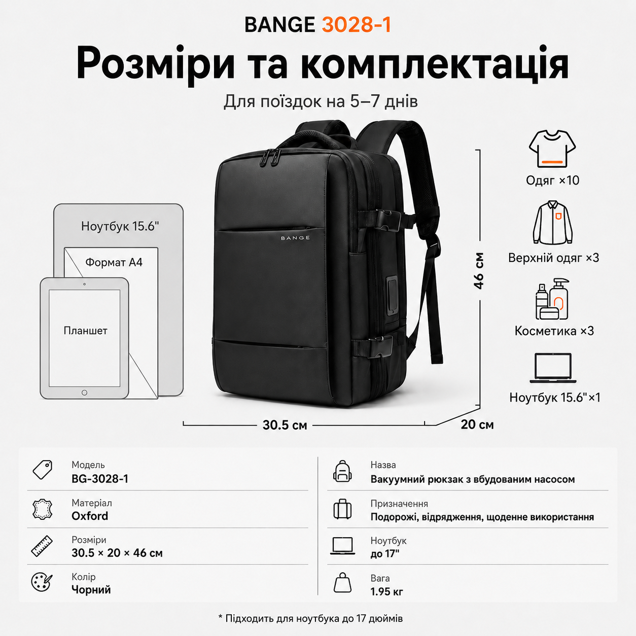 Технические характеристики рюкзака BANGE 3028-1 — размеры 30.5x20x46 см и комплектация