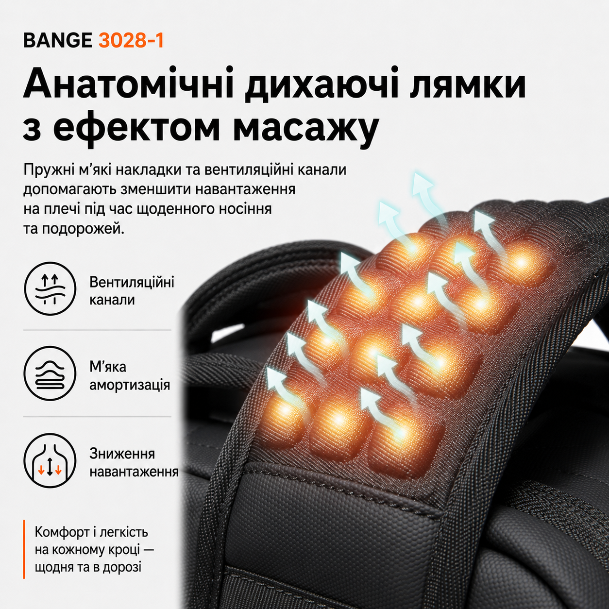 Анатомические дышащие лямки рюкзака BANGE 3028-1 с эффектом массажа