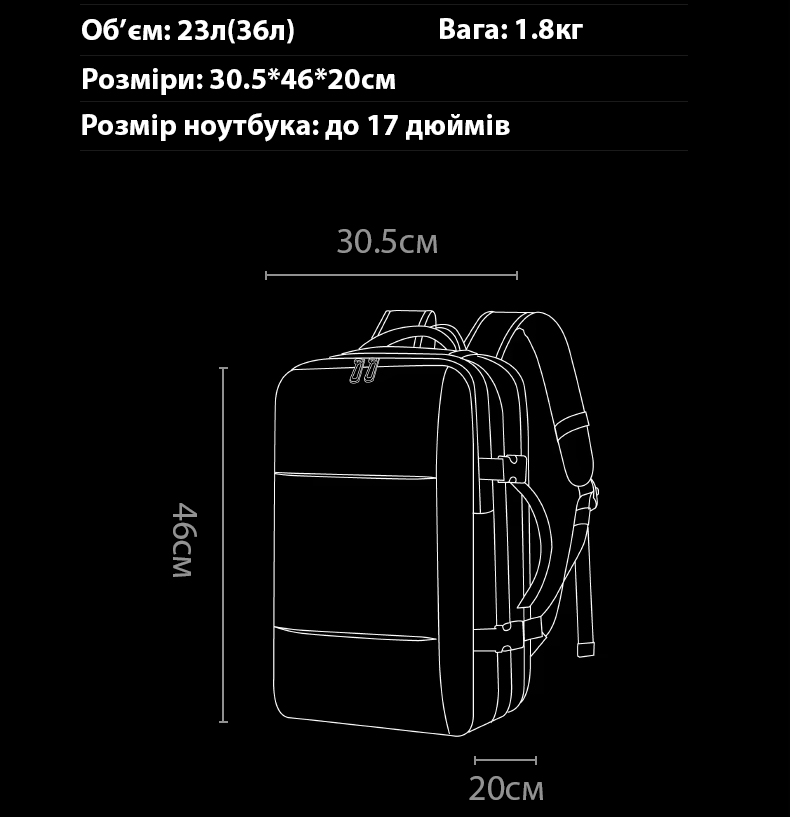 Технічні характеристики рюкзака Bange 3028